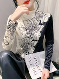 Turtleneck Pleuche T-shirt Women Sweet Printing Flowers Stretchable TShirts Lady Long Sleeve Soft Slim Tee Top