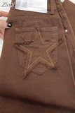 Women's Wide Leg Jeans Star Pocket Vintage Straight Pants High Waist Baggy Streetwear Casual Brown Denim Trouser Ladies