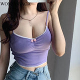 Summer New Sweet Small Sexy Lace Low Chest V-neck Short Tank Tops Girl Female Hot Purple Bow Cartoon Womens Vest