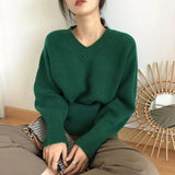 Zingj Autumn Winter New Style Lazy Wind Restoring Ancient Ways Temperament V Collar Design Sense Sweater Simple And Versatile Pure Color Sweater Female-Outfit