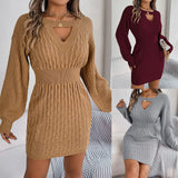 Shooting 2025 Autumn And Winter Pure Color Lantern Sleeve Bag Hip Sweater Skirt Women's