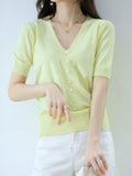 Silk Knitted Sweater Short-Sleeved Women's Summer New V-Neck Pearl Button T-Shirt Loose And Thin Short Five-Point Sleeve