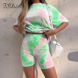 Women Set Summer Tie Dye Short Sleeve Top Shirt Loose And Biker Shorts Casual Two Piece Set Streetwear Outfits