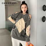 Cold Shoulder High Fashion Oversized Sweater Women Winter Grey Green Argyle Sweater Korean Fashion Knitwear