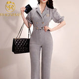 2020 Summer Office Ladies Plaid Jumpsuits Bussines Short Sleeve Notched Neck Overalls Formal Work Rompers