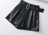 Winter New Women Orange Color PU Bermuda Shorts Faux Leather Belted