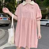 Women Harajuku Summer Short Sleeve Kawaii Sweet Girls Midi Dresses Holiday Chic A-line Popular Loose Lapel Soft