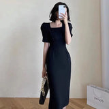 Women Elegant Midi Slim Solid Black Dress Office Lady Fashion Bodycon Puff Sleeve