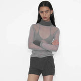 Turtleneck See Through Long Sleeve Top-Outfit