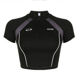 Hot Wind Hit Color Thick Line Embroidery Half-High Collar Short Locomotive Personality Zipper Slim T-Shirt Summer