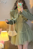 Mini Mesh ruffle Dress Women Korean Long Sleeve Casual Office Ladies Dresses Modis Green 2023 Spring pleated Dress