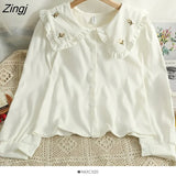 Embroidered Flowers Shirt Women Korean Peter Pan Collar Lolita Blouses Elegant Long Sleeve Single Breasted Blusas