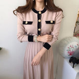 Autumn Korean Knitted Women Long Pleated Dress Women Long Sleeve Single-breasted A-line Dresses Elegant Ladies