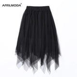 Long Asymmetric Tulle Skirt Women High Waist Pleated Tutu School Irregular Mesh Lace A Line Midi Skater Black
