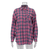 Zingj New Vintage Plaid Shirt Women's Casual Plaid Top Versatile Lapel Loose Medium Long Shirt-Outfit