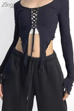 Slight Strech Crop Tops Long Sleeve Tshirts Irregular Slim Waist Tees Women Camisetas High Street American O
