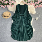 Zingj Light Luxury Temperament Three House Pleated Bat Sleeve Round Collar Loose A-Word Pleated Dress Elegant Long