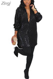 Spring Women Sequins Dress Ladies Casual Slim Office Retro Elegant Turn-down Collar High Waist Long Sleeve Party