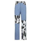 Patchwork Cow Print Jeans Women Casual High Waisted Pants Capris Harajuku 90s Black Long Trousers Ladies