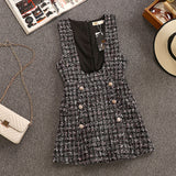 Spring Autumn 2 Piece Set Overalls Dress Women Elegant Ruffles Chiffon Bow Shirt Top+Double Breasted Plaid Tweed Vest