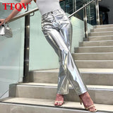 Casual Silver PU Women's Pants 2022 Autumn High Waisted Straight Pants Ladies Streetwear Fashion Trousers Female