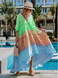 Summer Casual Printed Dress Long-sleeved V-neck Stitching Contrast Color Long Dress Fashion Holiday Women's Clothing