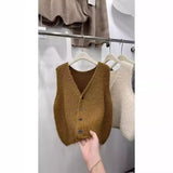 Solid Color Sleeveless Cardigan Knitted Vest 2024 Autumn And Winter New Style Folded Sweater Women's
