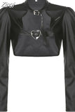 Streetwear Punk Style Buckles Black PU Leather Jacket Women Spring Autumn Smock Cropped Coat Cardigan Fashion