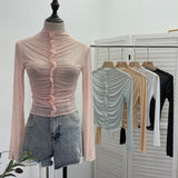 Real Shooting 2024 New Hot Diamond Half-High Collar Perspective Thin-Bottomed Shirt Mesh Top Beautiful Chic Shirt