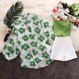 New Summer Women's Knitted Condole belt + Lantern Sleeve Sunprevent Clothes + Wide Leg Shorts 3 Piece Sets