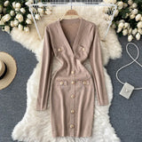 Knitted Pencil Dress Korean Long Sleeve V Neck Elastic Slim Dress Autumn Winter Sexy Bodycon Warm Sweater