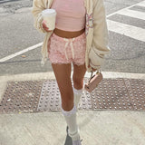Women's Kawaii Y2K Summer Casual Shorts Ruffled Floral Lace Elastic Waist Short Pants for Beach Nightclub