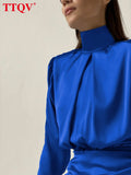 Eleagnt Slim Turtleneck Blue Satin Dresses For Women 2022 Fashion Long Sleeve High Waisted Dresses Autumn Ruched Mini
