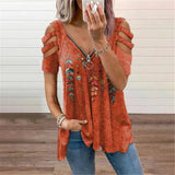 Collar Leisure Zipper Pullover Print Short Sleeve Loose T-shirt