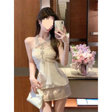 Women 2025 Summer New Sweet And Spicy Body Quality Hanging Neck Top + High Waist Slim Half Skirt
