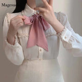 Women Solid Color Long Puff Sleeve Tops Women Pearl Button Cardigan Shirts Sweet Tassel Lace Splice Bow Tie Blouse Blusas