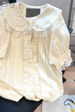 Ruffles Women Short Sleeve Chemise Femme Japan Style Sweet Summer Shirts Y2k Edible Tree Fungus Peter Pan Collar