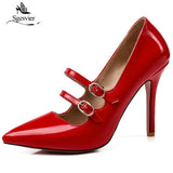 SGESVIER Fashion Pointed Toe Solid High Heel Shoes Nightclub Women's Pumps Thin Heel Buckle Wedding Party Shoes Size 30-47