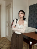 Spring 2022 Lace Corset Shirt Long Sleeve Crop Top Korean Sexy Blouse Women Bandage Bodycon Puff Sleeve Ladies