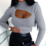 Women Long Sleeve Round Neck T-Shirt Skinny Tops Chest Cut Out Sexy Black Crop Top Autumn Tee Shirt Cropped