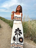 Print Women High Waisted Maxi Skirt Suit Chic Square Neck Sleeveless Cropped Tops Set 2024 Summer Lady Fashion