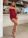 Red Sequin Strapless Draped Bodycon Mini Dress- Outfit