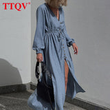 Sexy V-Neck Blue Midi Dress Ladies Bodycon Fashion Long Sleeve Slit Dress Elegant Single-Breasted Dresses For Women