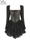Autumn Vintage Elegant Long Sleeve Dresses Square Collar Patchwork Women Black Evening Party Midi Dresses Sweet