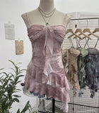 Real Shooting 2025 Spring And Summer New With Chest Cushions Dyed Mesh Sling Sling Vest Irregular Lotus Leaf Side Top