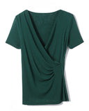 Elegant T Shirts Women Crossed V Neck Mesh Pleated Tops Tees Female Short Sleeve Stretchy Slim