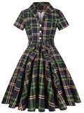Plaid Print Retro Vintage Rockabilly Dress 50s Oversized Office Casual Shirt Robe Cotton Checked Midi Tunic Party