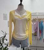 Fake Two Sunscreen Long-Sleeved T-Shirt Women Autumn Design Dizzling Drawstring Folding Short Top