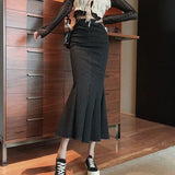 Vintage Black Denim Mermaid Skirt Women High Waist Slim Split Long Skirts Sexy Korean Fashion Elegant Causal
