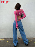 Vintage Dark Blue Cotton Jeans Women Autumn Casual Button High Waist Jeans Fashion Pockets Straight Pants Female